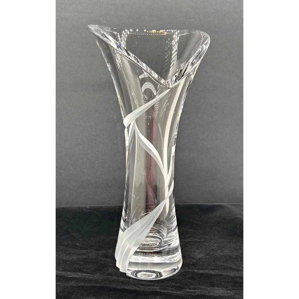 Clear Crystal Flared Vase Frosted Ribbon Etched Tri-Corner Rim 8.5 inch